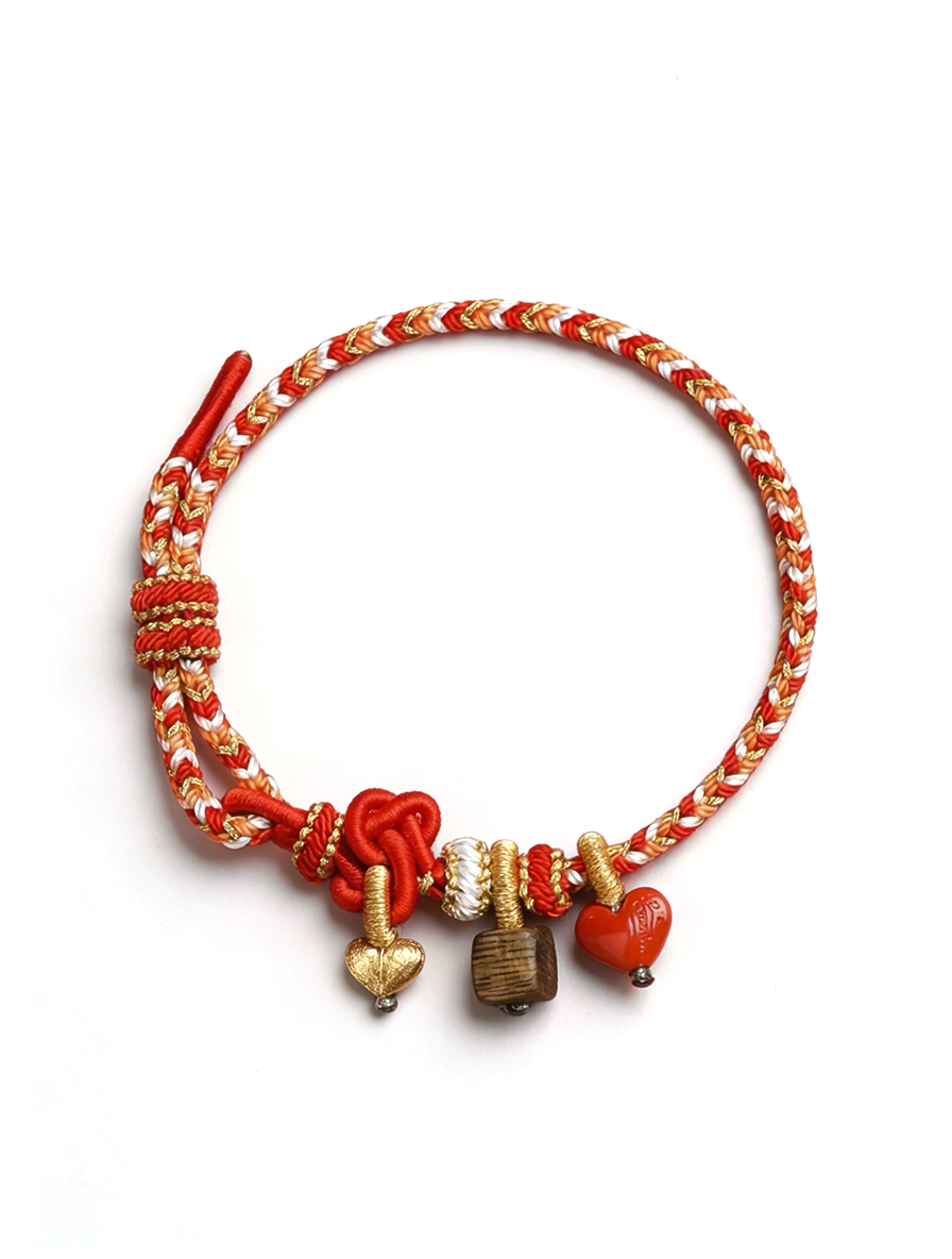 Red Cord Agarwood Bracelet with Cinnabar Heart Charms | Lushan Sanctum