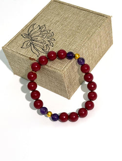 Natural Amethyst & Cinnabar Bracelet - Fire Element Zen Jewelry - Mindful Vitality Gift