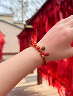 "Zen Blessing" Red Cord Bracelet | Agarwood & Cinnabar Charms | Gold-Plated Silver