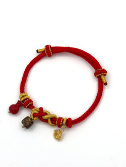 "Zen Blessing" Red Cord Bracelet | Agarwood & Cinnabar Charms | Gold-Plated Silver