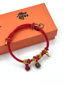 "Zen Blessing" Red Cord Bracelet | Agarwood & Cinnabar Charms | Gold-Plated Silver