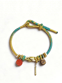 "Zen Focus" Woven Bracelet | Agarwood & Cinnabar Success Charms | Gold-Plated Silver