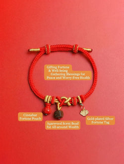 "Zen Blessing" Red Cord Bracelet | Agarwood & Cinnabar Charms | Gold-Plated Silver