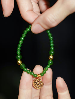 Zen Dainty Natural Green Jade Bracelet | Gold-Plated Silver Accent | Wood Element