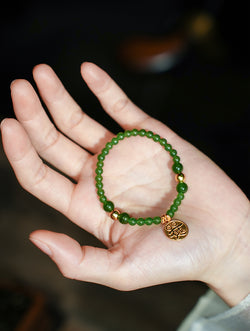 Zen Dainty Natural Green Jade Bracelet | Gold-Plated Silver Accent | Wood Element
