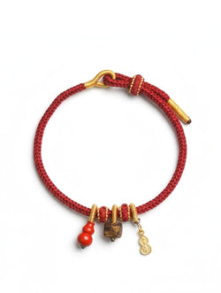 "Infinite Peace & Flow" Agarwood & Cinnabar Red Cord Bracelet | Gourd Charm