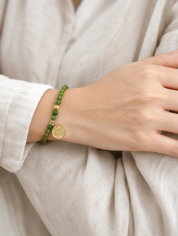 Zen Natural Green Jade Bracelet | Gold-Plated Silver Accent | Wood Element